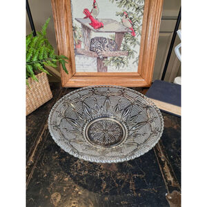 Vtg Clear Pressed Glass Bowl Roly Poly Hobnail & Leaf Pattern Fruit/Serving Dish